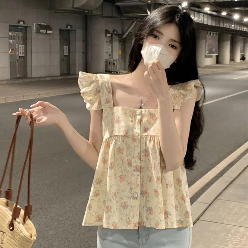 Flying Sleeve Floral Shirts Women Summer New Sweet Ruffles Temperament Loose Casual Korean Style Holiday Tender Chic Streetwear