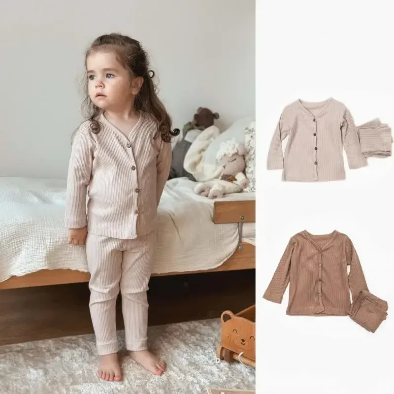 

2024 Children V-neck Single Breasted Pajama Two Piece Sets Kids Boutique Casual Long Sleeves Suit Girls Baby Solid Color Pajamas