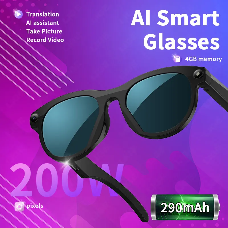 

New AI Smart Glasses 4GB Memory Recording Videos Photo Recognition Answer Translation 290mAh WiFi Transmission Bluetooth Glasses