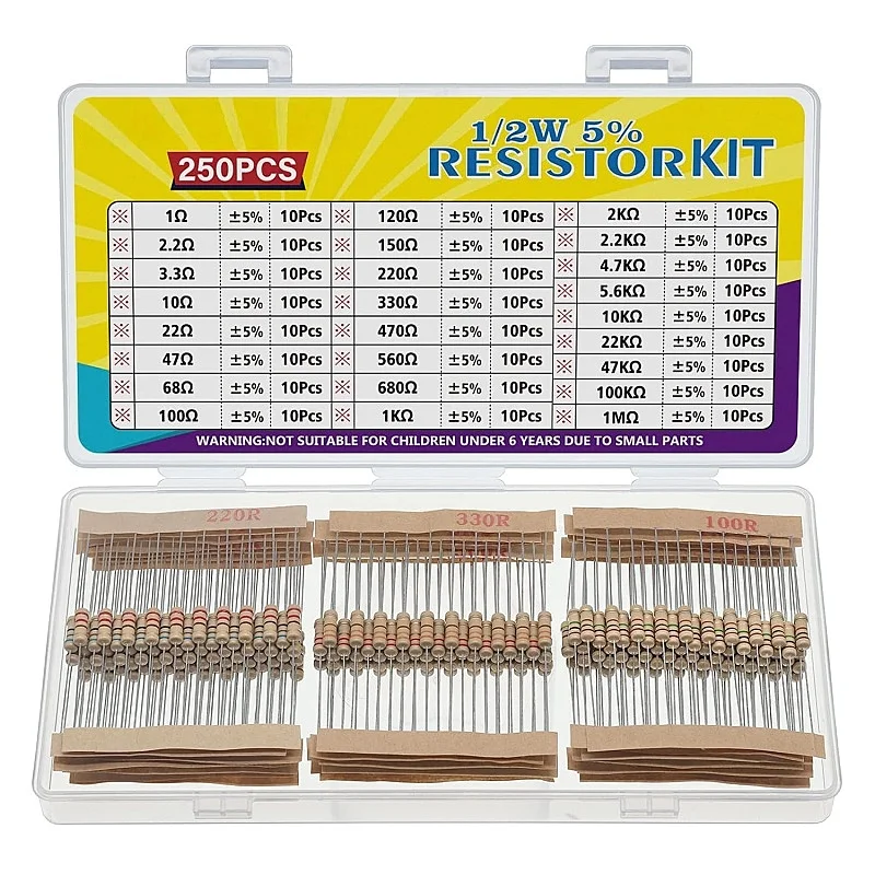 

25 Values 1/2W Resistor Kit from 1 Ohm to 1M Ohm 1/2 Watt 5% Carbon Film Resistors Assortment