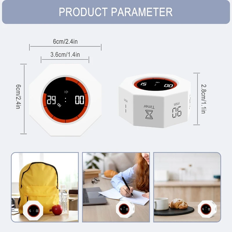 Digital Productivity Timer, Rotating Pomodoro Timer With 1-3-5-15-30-60-90 Min Countdown, For Study Office Kitchen Desk-ABSW