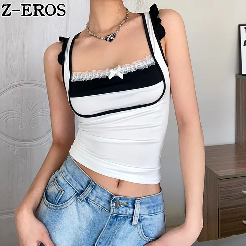 

Z-EROS Women's Y2K Lace Spliced Tight Sleeveless Tank Top Sexy Square Neck Off The Shoulder Top Summer Crop Top Slim Fit Tees