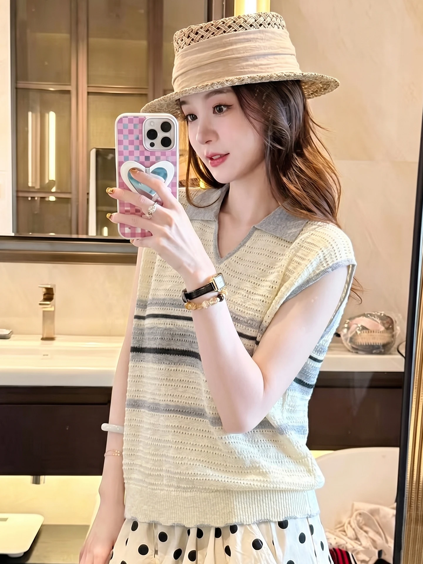 

Fashionable Knitted Top Color Block Design Summer Commute Versatile Stylish Korean Loose Fit Short Sleeve Ladies Sweater