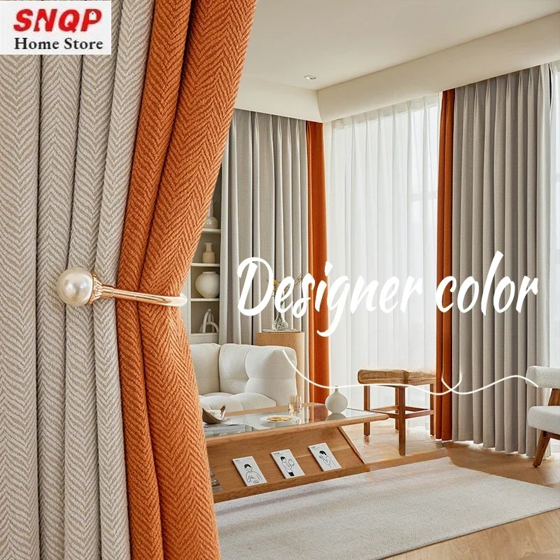 

Chenille Herringbone Luxury Curtain for Living Room Simple French 90% Blackout Bedroom Fabric Wholesale Elegant Custom Window