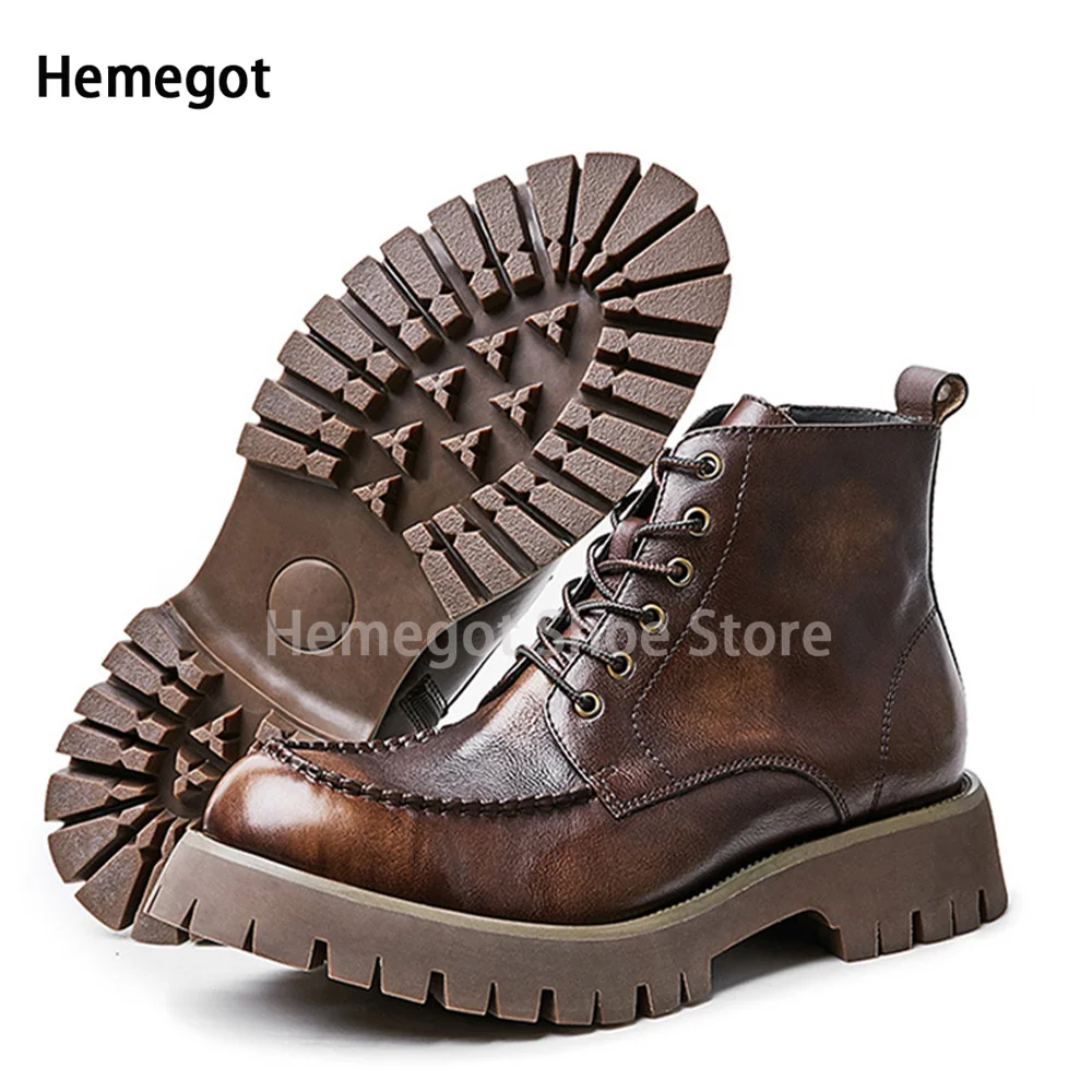 

Vintage High-Top Cowhide Ankle Boots for Men High Quality Lace-Up Thick Sole Biker Booties for Men Summer Shoes Men Shoes