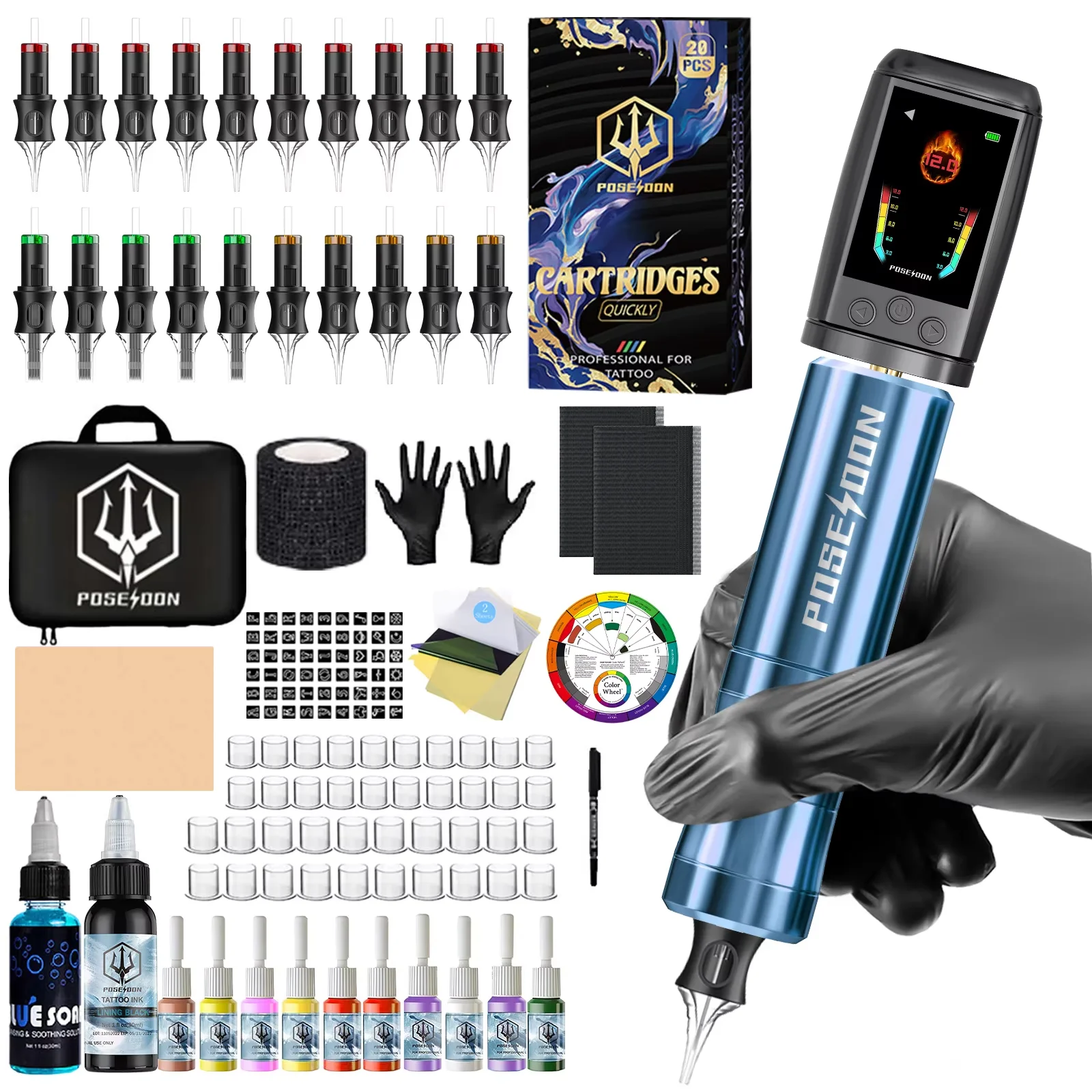 Tattoo Kit POSEIDON V5 Farbe Bildschirm Tattoo Stift Kit Für Permanent Make-Up Tattoo Maschine Drahtlose Tattoo Netzteil Tattoo Kit