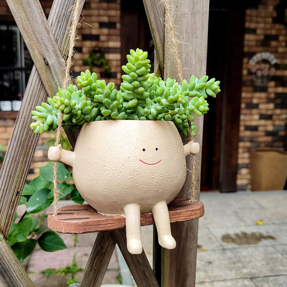 Flower Pot Wall Planter Swing Face Planter Pot Resin Cartoon Smiling Face Planter Creative Wall Hanging Head Planter for Garden