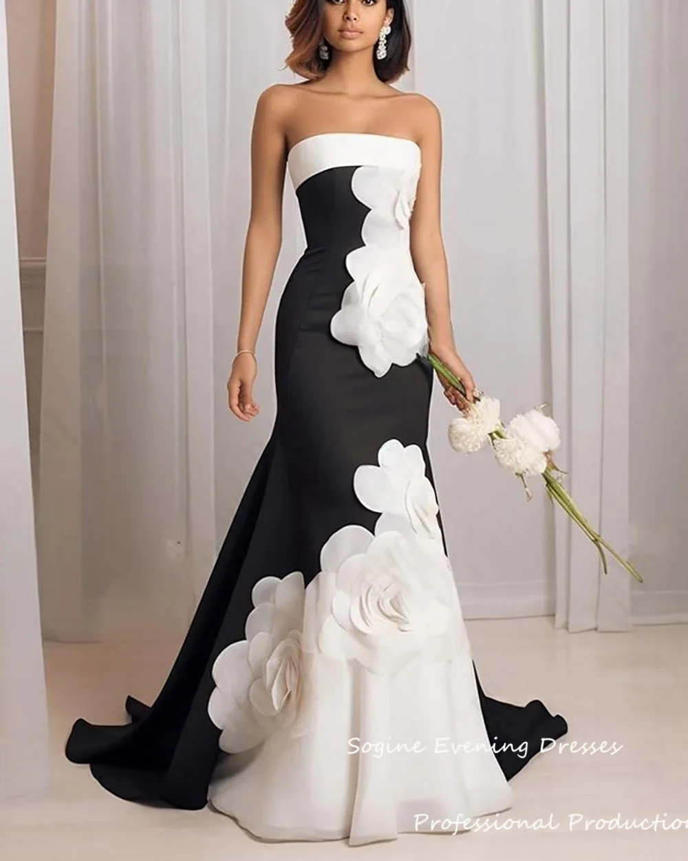 

Satin Long Prom Dresses For Women Customized Strapless With Flowers Evening Dress Mermaid Black-White Corset Cocktail Ball Gown