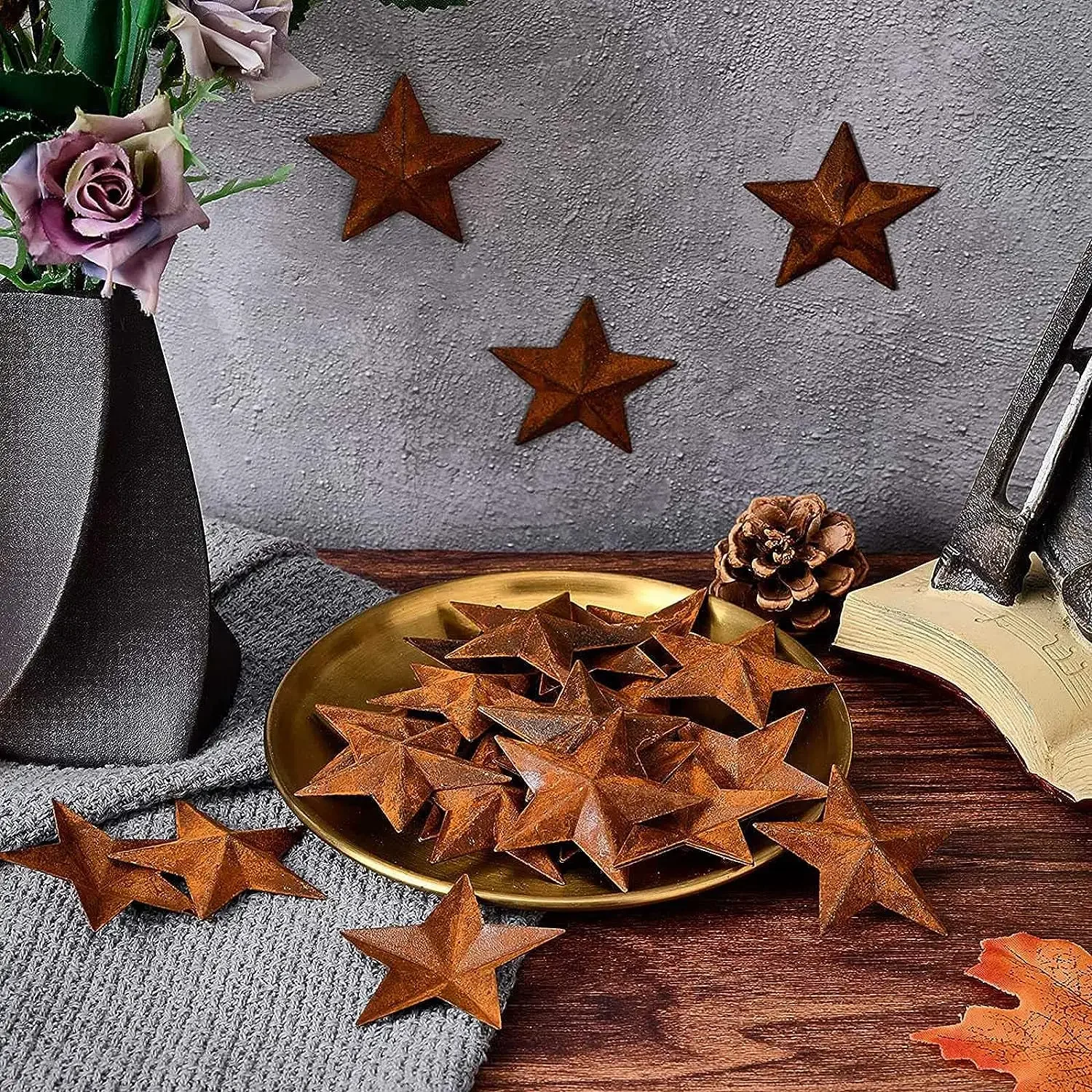 30PCS 1In Metal Rusty Barn Star Antique Primitives Rustic Country Tin Steel Stars Crafts Ornaments Accents Decor 3D Tin Star