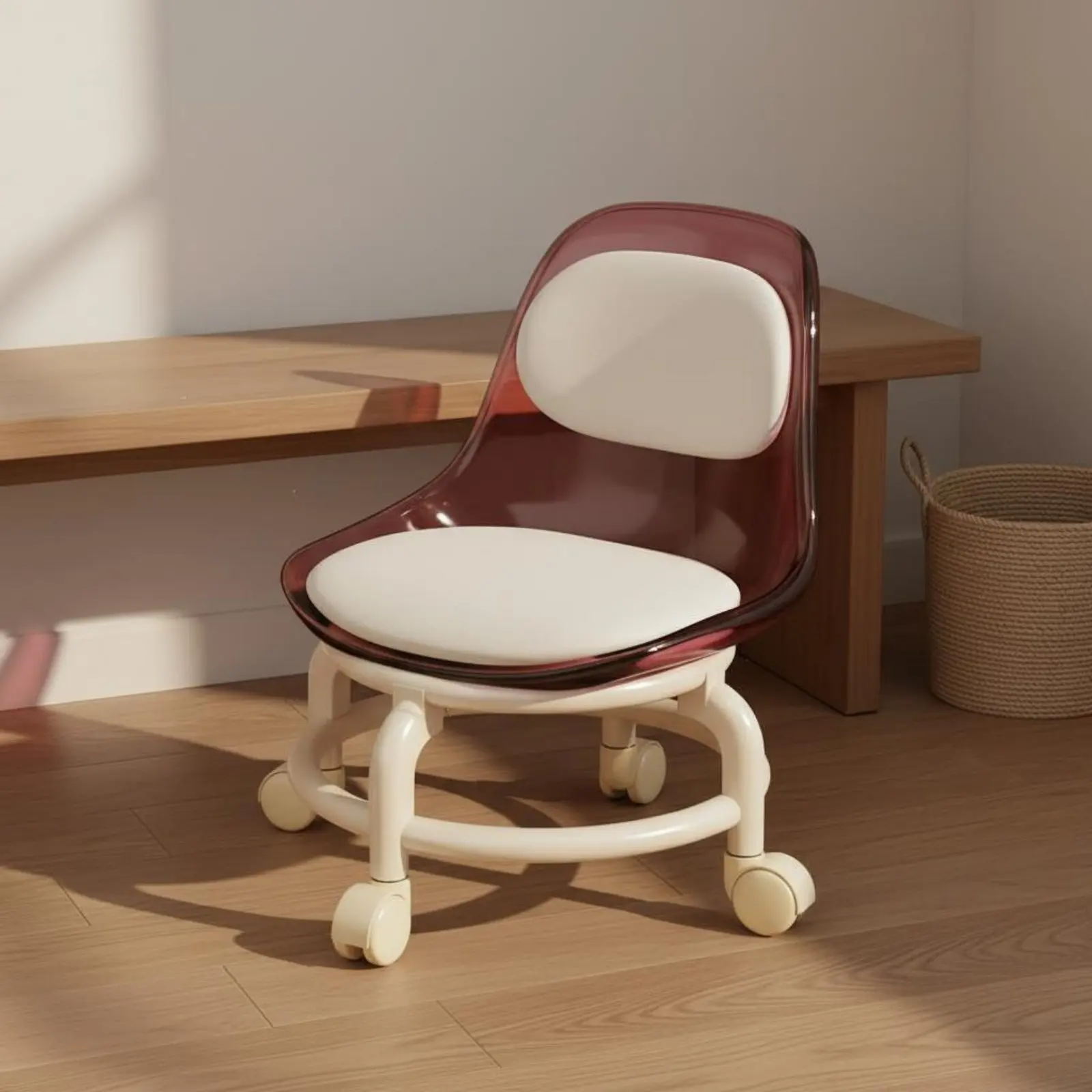 

Transparent Rolling Stool with Backrest Stable Load-Bearing Acrylic Low Stool on Wheels Wheeled Low Floor Chair for Living Room
