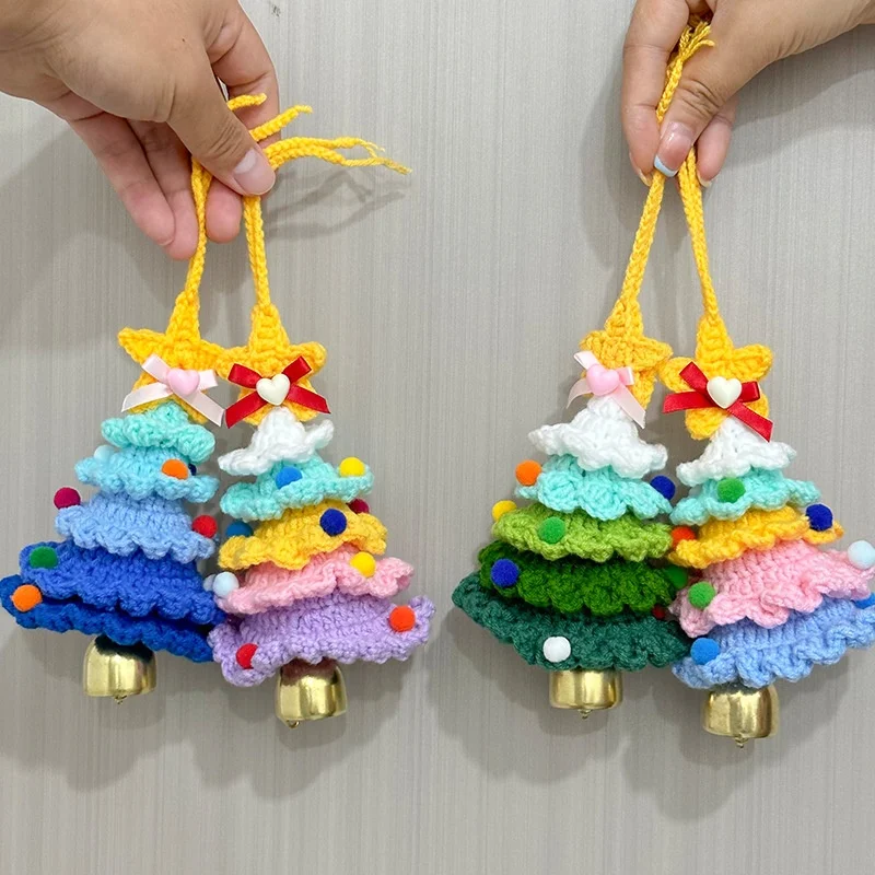 

Colored Hand-Knitted Christmas Tree Keychain With Bells Creative Crochet Mini Cotton Yarn Christmas Tree Hanging Ornaments