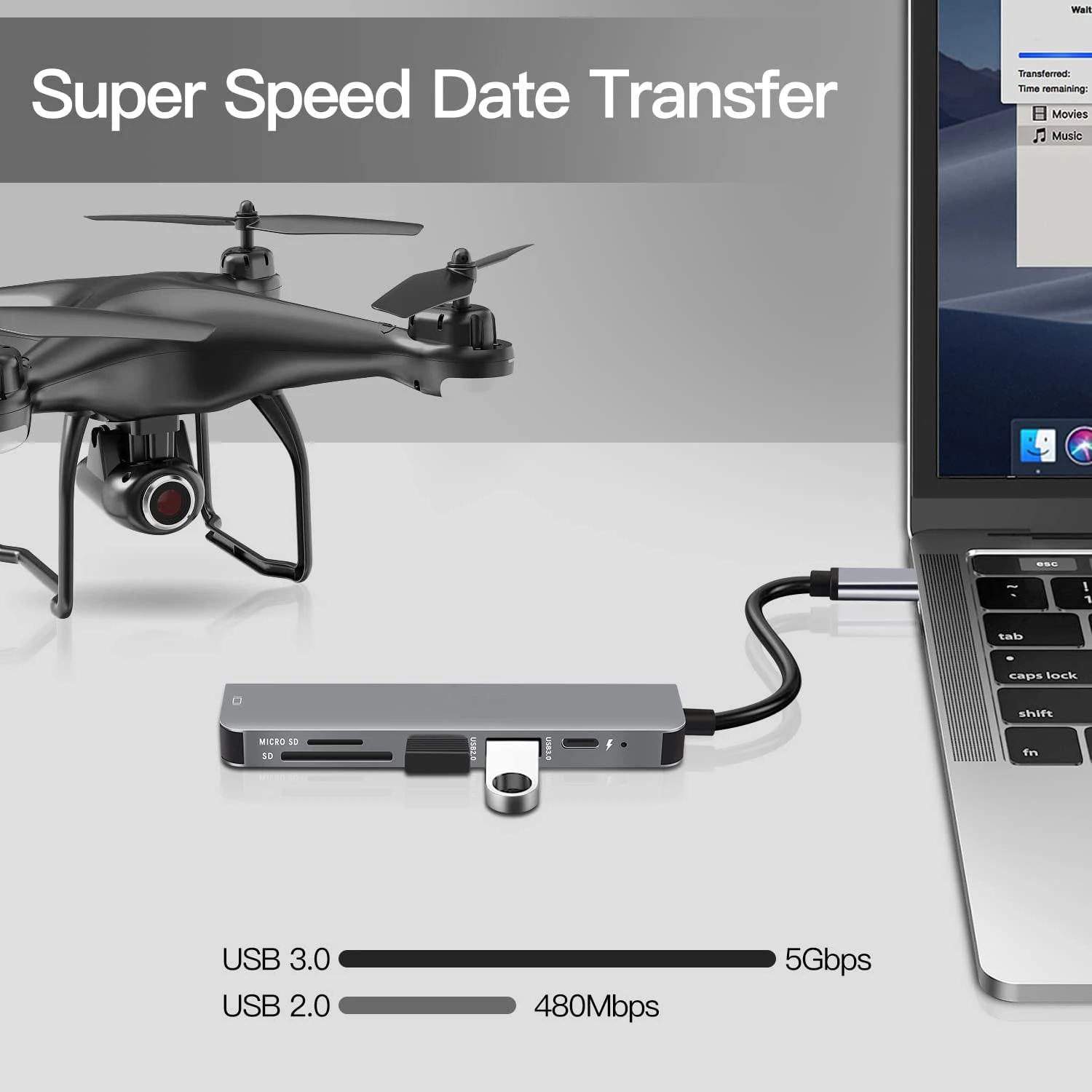 Compatível com HDMI USB-C Adaptador Hub, Docking Station, 100W PD Carregamento, Leitor SD, Witch Splitter para Apple Huawei, USB 3.0, 6 em 1