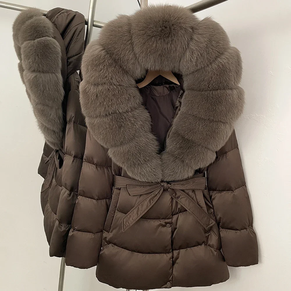 OFTBUY, Parkas femeninas gruesas y cálidas con capucha de piel de zorro plateada Natural grande de lujo, impermeable, chaqueta de plumón de pato 90% para invierno 2025 para mujer