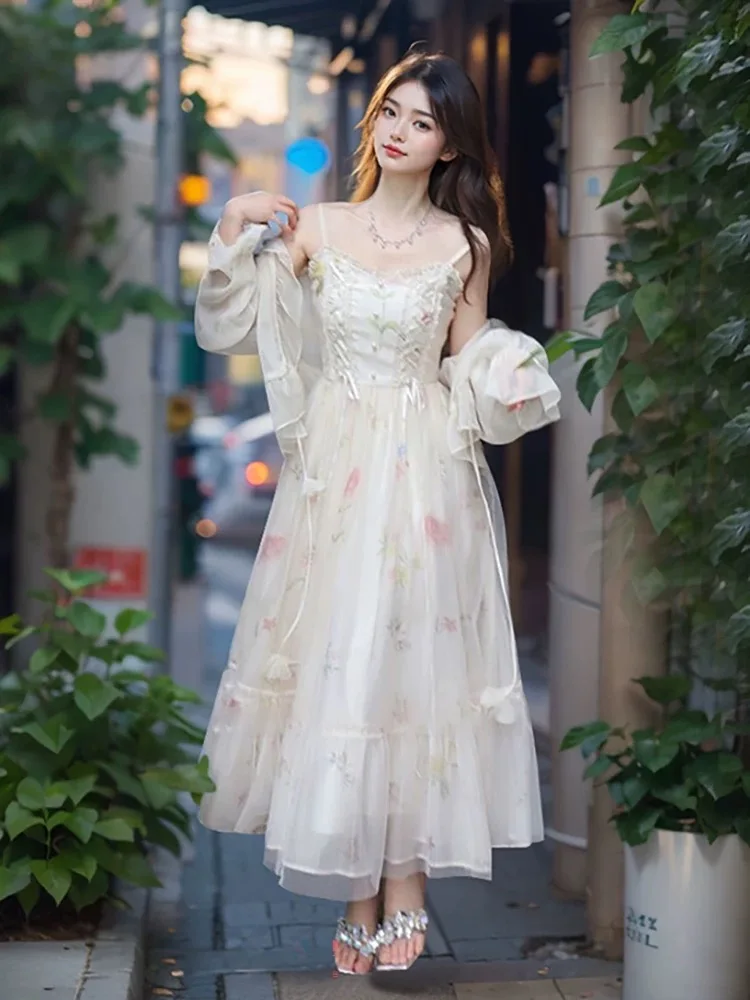 Ele Zomer Bloemenprint Chiffon Cover-up Dr Dames Zoete Sle Strap Lange Rok Set Fairy T Aosphere Lente Herfst