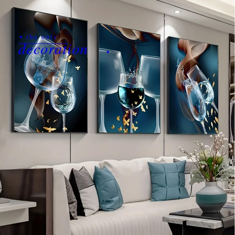 2D Flat 3pcs 15.7*23.6in/40cm*60cm, Frameless Abstract Wineglass Wine Wall Art, Canvas Painting Art for Living Room, Cuadros