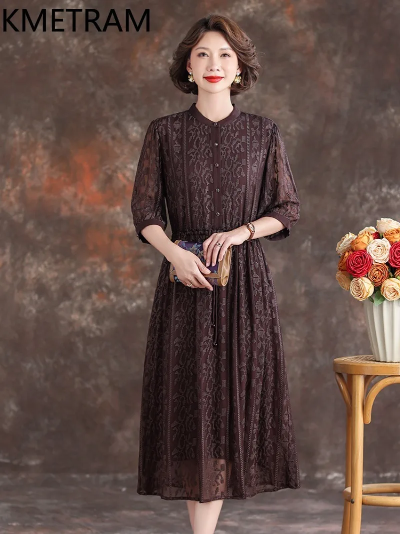 KMETRAM 100% Mulberry Silk Middle-aged Dress Woman 2026 Summer Breathable Drawstring Slimming Mid-length A-line Dress Ropa Mujer