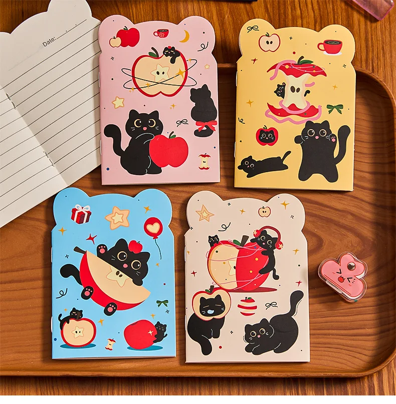Niedliches Apfel-Katzen-Taschennotizbuch: Ästhetischer Cartoon-Notizblock für Studenten, tragbares Belohnungsgeschenk, Schreibwaren-Großpackung – Detail 9