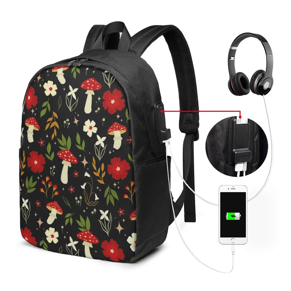 Midnight Mushrooms Forest Botanical Backpack Travel Notebook Bag Computer College Student School Bag Laptop Shoulder Bags