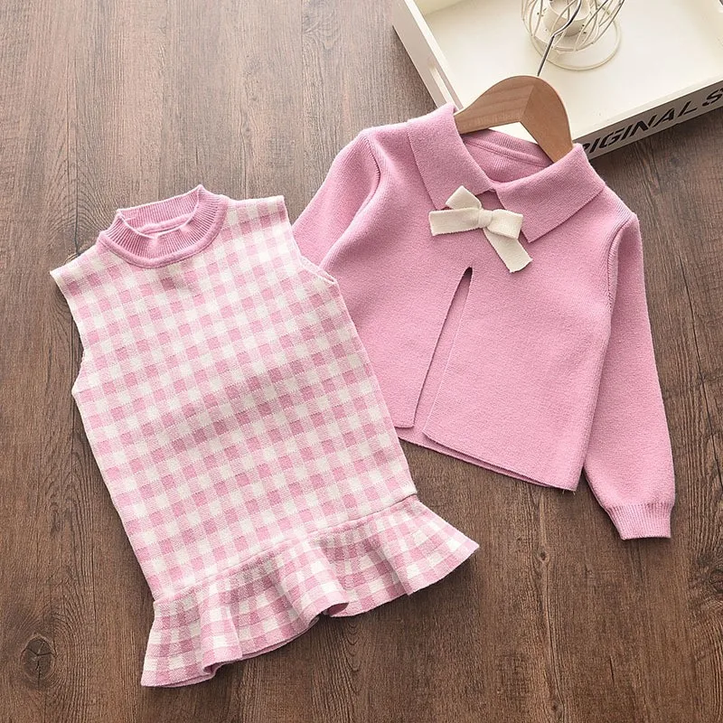 Spring Autumn 1-6Y Girls 2PCS Clothes Set Bowknot Front Slit Kids Girls Smock Sweater Plaid Lace Hem Girls Sleeveless Dress Suit