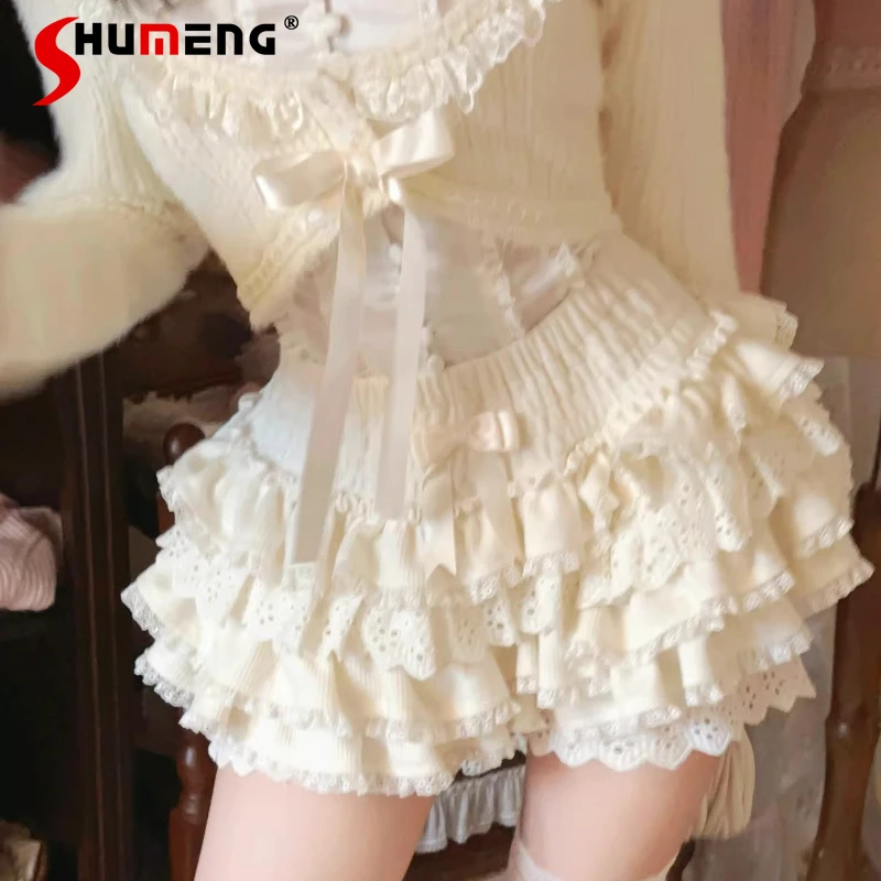 

French Style Cute Light Milk Pink Bow Knitted Multi Layer Cake Skort Shorts Girl Fashion Mini Skirt Outfit Spring Autumn Clothes