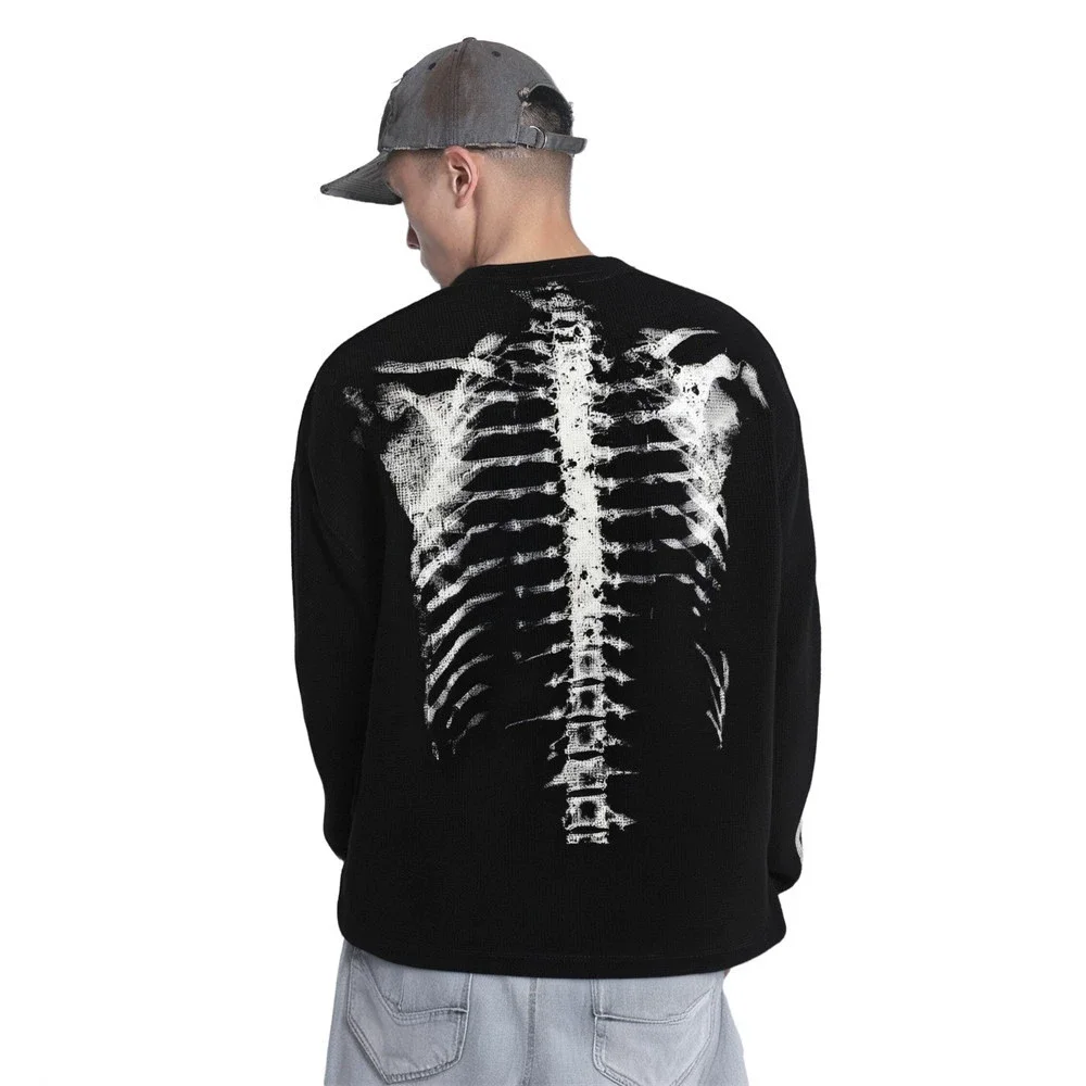 2026 Hip Hop Faded Black T-Shirt Streetwear Dark Aesthetic Graphic T Shirt X-Ray Skeleton Back Print Men Tshirt Cotton Tops Tees
