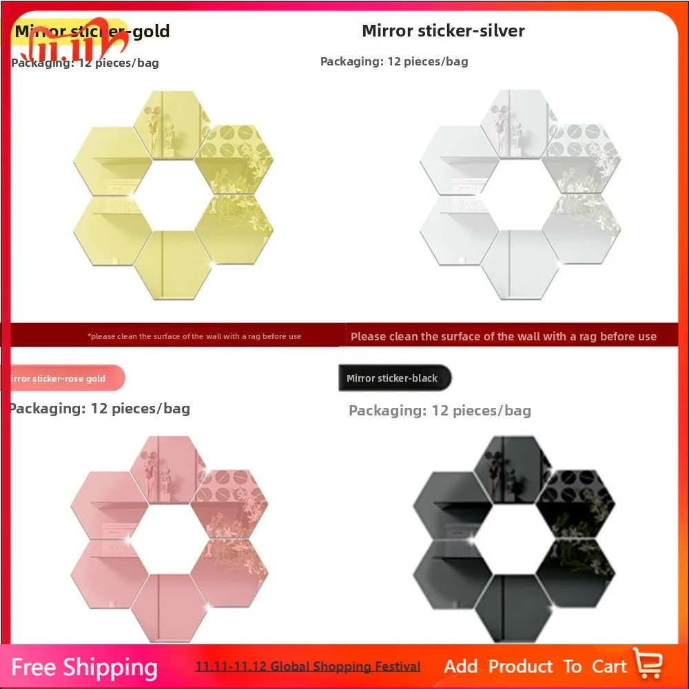 

Home Decorative Stickers Artistic Home Decoration Mirror Wall Decals 12 Pieces Hexagonal 3D Mirror Wall Decals Acrylic