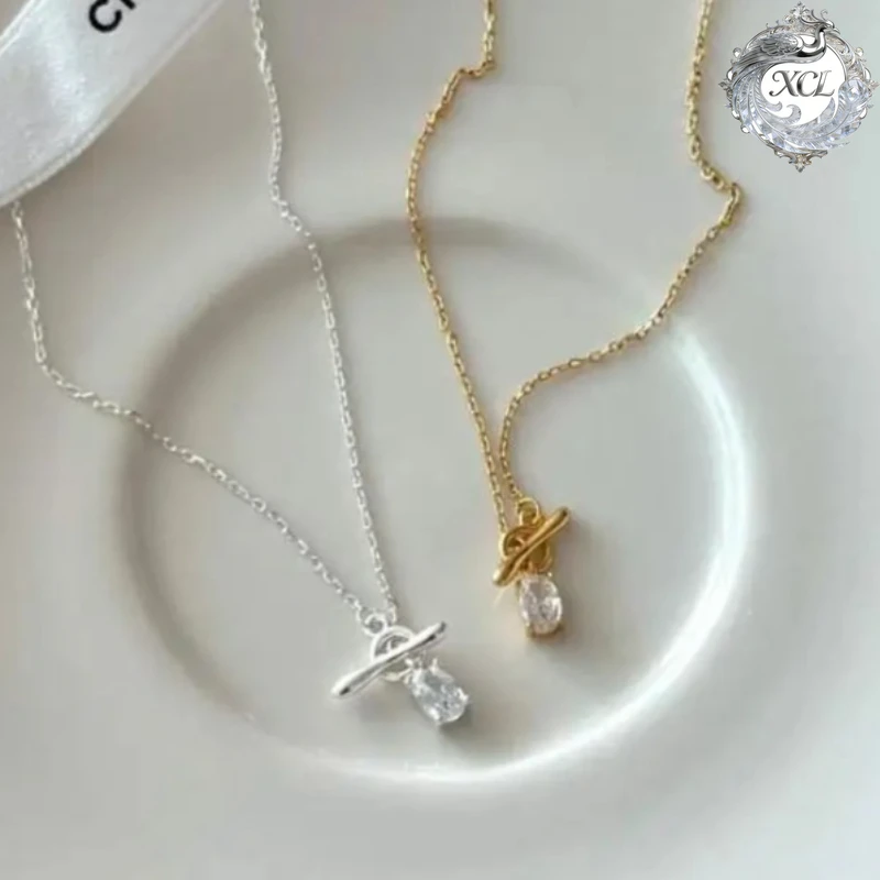 

XCL 100% S925 Sterling Silver Geometric Cubic Zircon Clavicle Chain Charm Necklace Fashion Fine Jewelry for Women Girls Gift