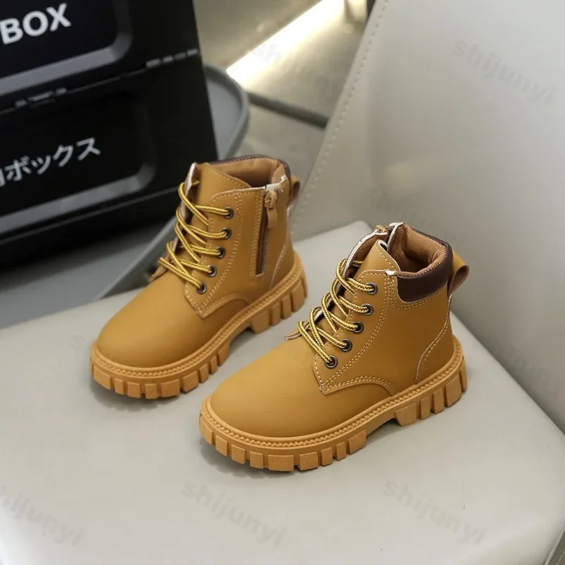 Children Leather Boots Kids Ankle Boots Non-slip Side Zipper Soild Color 2025 Autumn New Boys Girls Short Boots Comfortable