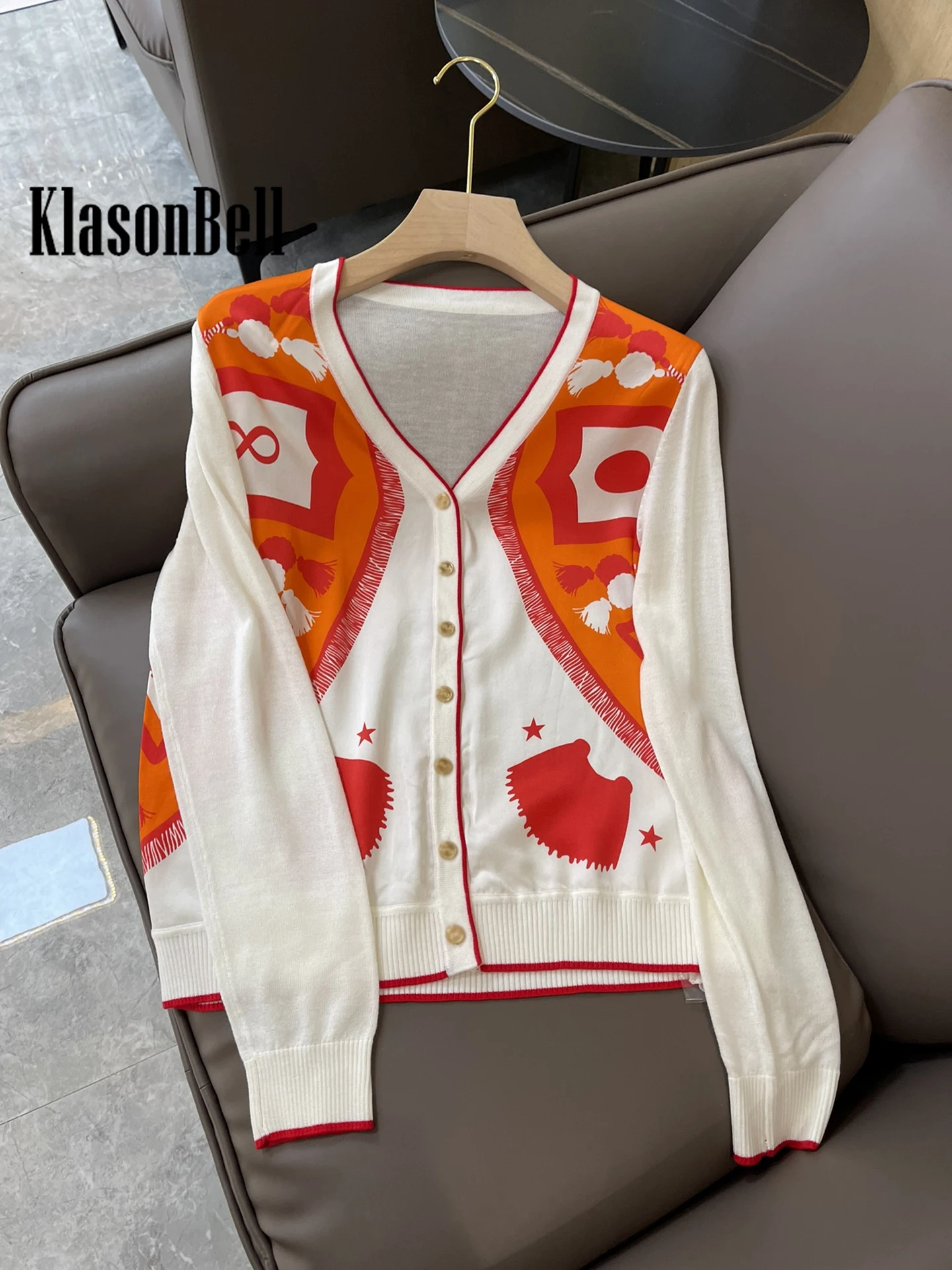 3.7 KlasonBell 2024 New Fashion Vintage Silk Print Spliced Wool Knit Long Sleeve Cardigan Coat Women Clothes