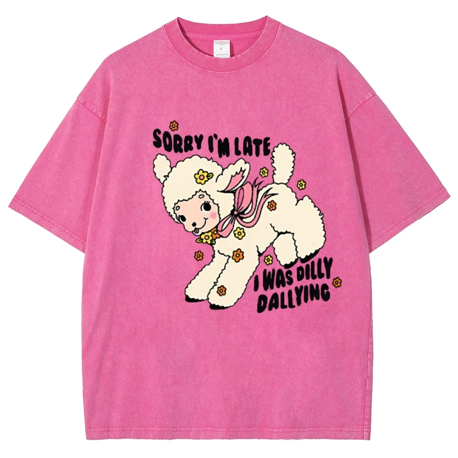 Dilly Dallying Shirt Sorry I'm Late Funny Sheep Lamb T-Shirt, Oversized Washed T-Shirt Women Graphic Retro Vintage T Shirt
