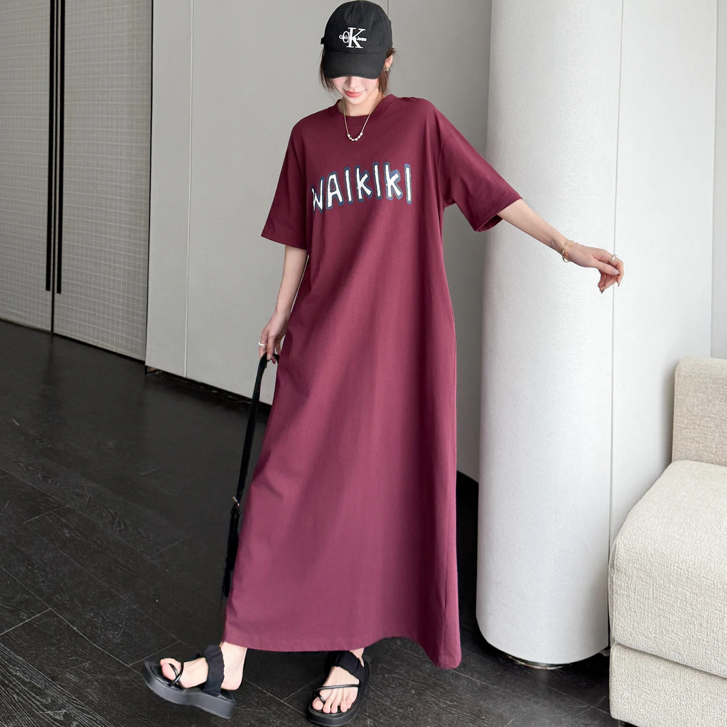 Summer New Women's Loose Casual Cotton T-Shirt Dress Classic Large Size Letter Print Short Sleeve Long Dress