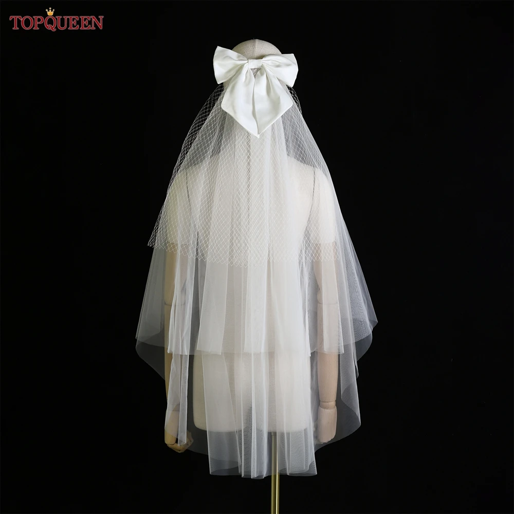

TOPQUEEN 2 Tier White Wedding Veils With Bow Bridal Bachelor's Party Achelorette Party Wedding Accessories V252