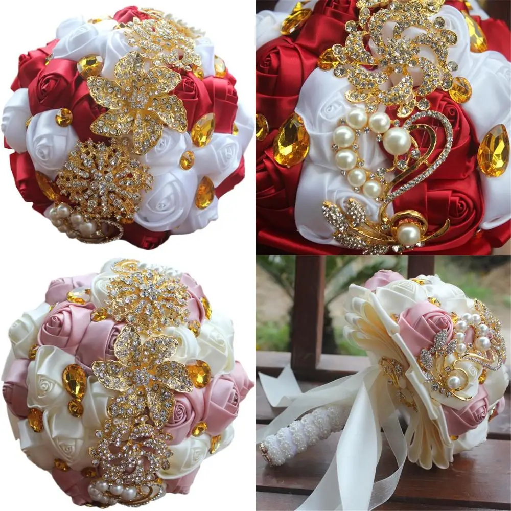 

Брошь ручной работы из хрустальной атласной розы для свадебных букетов, свадебные цветочные композиции с кружевом, идеально подходит для невест