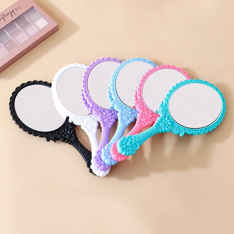 Vintage Carved Handheld Vanity Mirror Ellipse ABS Makeup Mirror SPA Salon Makeup Hand Mirror Handle Cosmetic Compact For Women