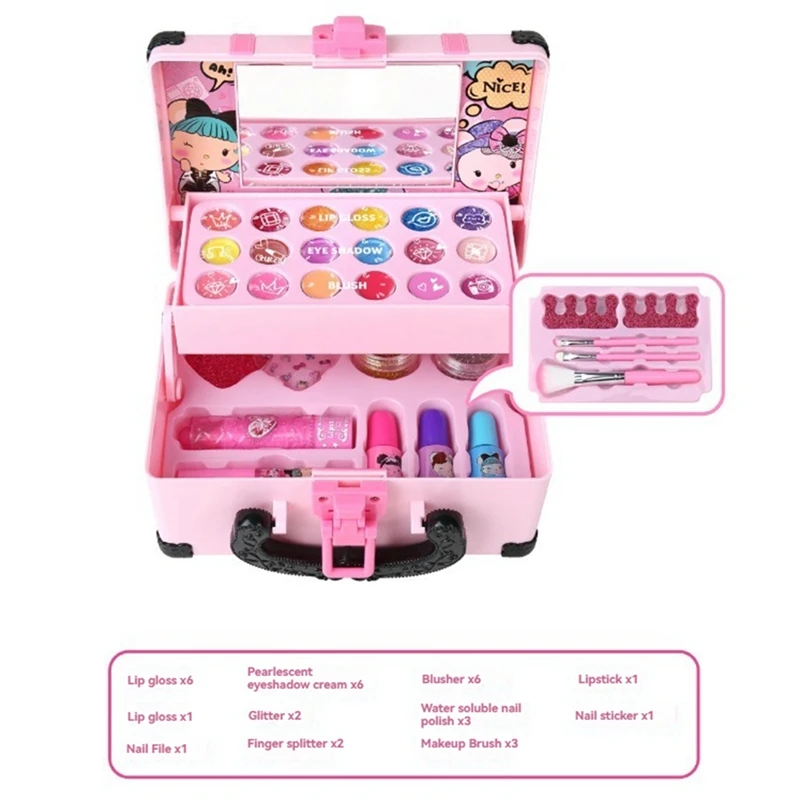 Kit de maquillaje para niños, juguete cosmético para niñas, juego de belleza, lápiz labial, sombra de ojos con caja de maquillaje portátil, juego de juguetes de maquillaje para niños