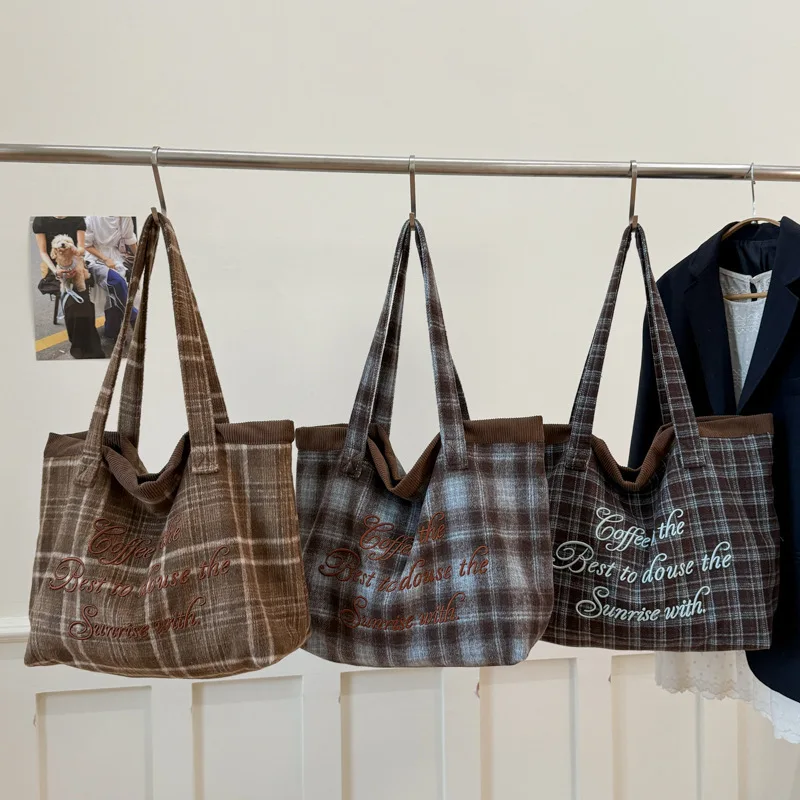 

YIFAN Winter Contrast Color Plaid Cotton Shoulder Bags for Women Retro Large Ladies Tote Bag Casual Travel Female Handbags