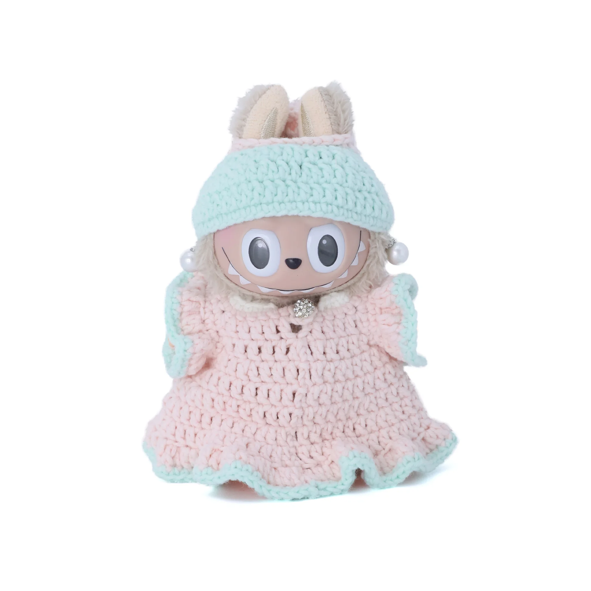 

V1/V3 Labubu плюшевая кукла для девочек с жемчужными серьгами, платье, комплекты одежды из шерсти, шерстяной крючок, чистая ручная работа, качество изготовления