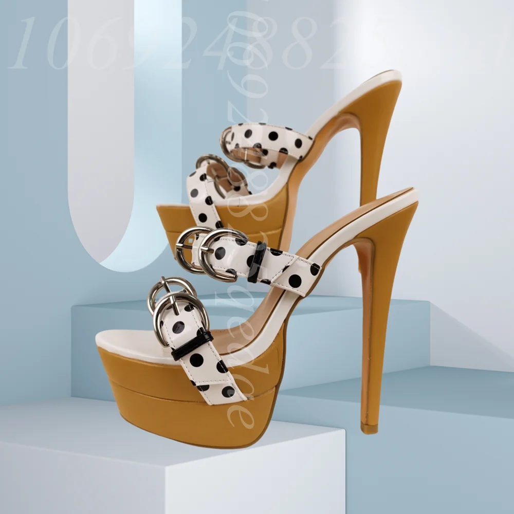 

Women's White Patent Leather Polka Dot Platform Stiletto Heel Sandals Double Buckle Straps Platform 2026 Zapatos Para Mujere