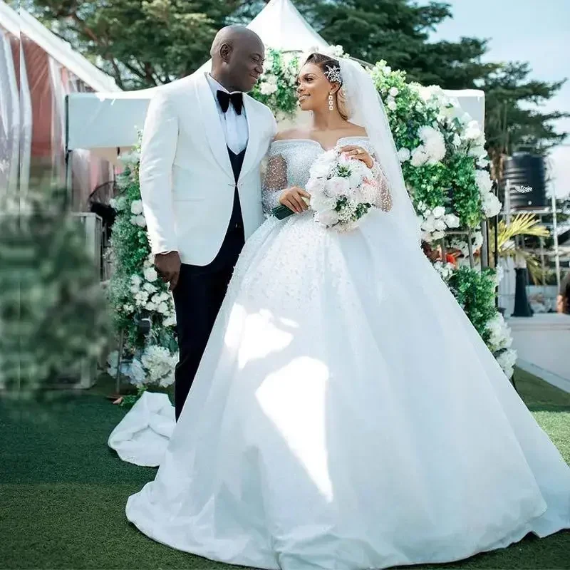 

Бальное платье по индивидуальному заказу, свадебные платья на заказ, с длинным рукавом, расшитая бисером и блестками, юбка, Vestido De Novia, свадебные платья принцессы на открытом воздухе