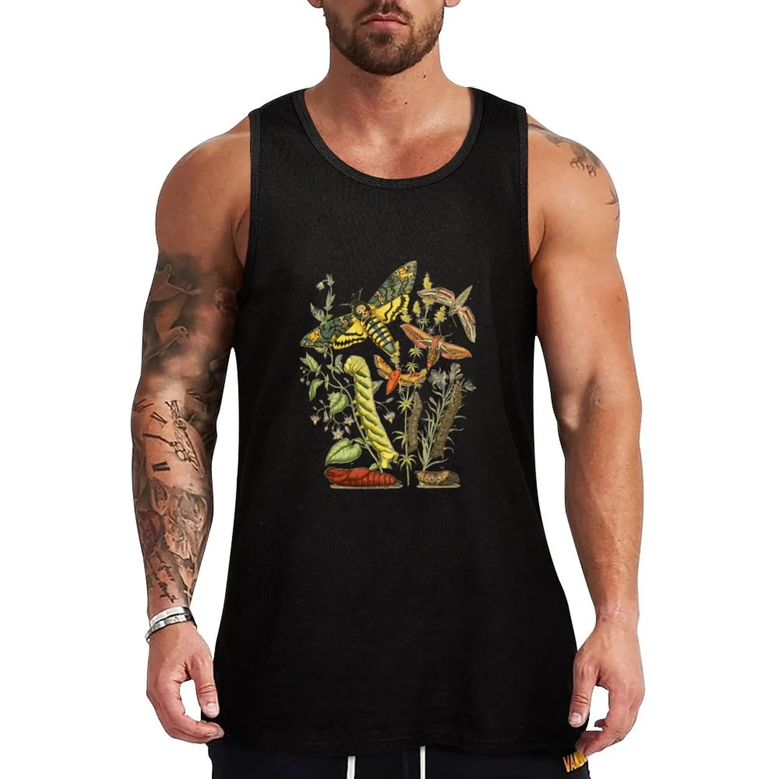 Hawk Moth Caterpillar Vintage Scientific Entomology Butterfly Natural History Tank Top T-shirt male sports clothes for men