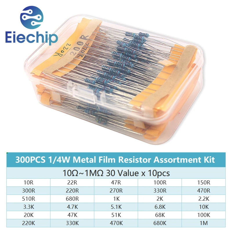 300/600 pz 1/4w resistore a Film metallico 30 valori Kit di resistenza 10R-1M 0.25W 1% Set di resistori