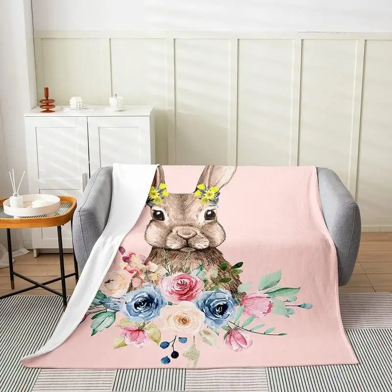 

Cute Rabbit Fuzzy Blanket Floral Flannel Fleece Throw Blanket for Sofa Couch Kids Teens Vintage Flowers All Season Bed