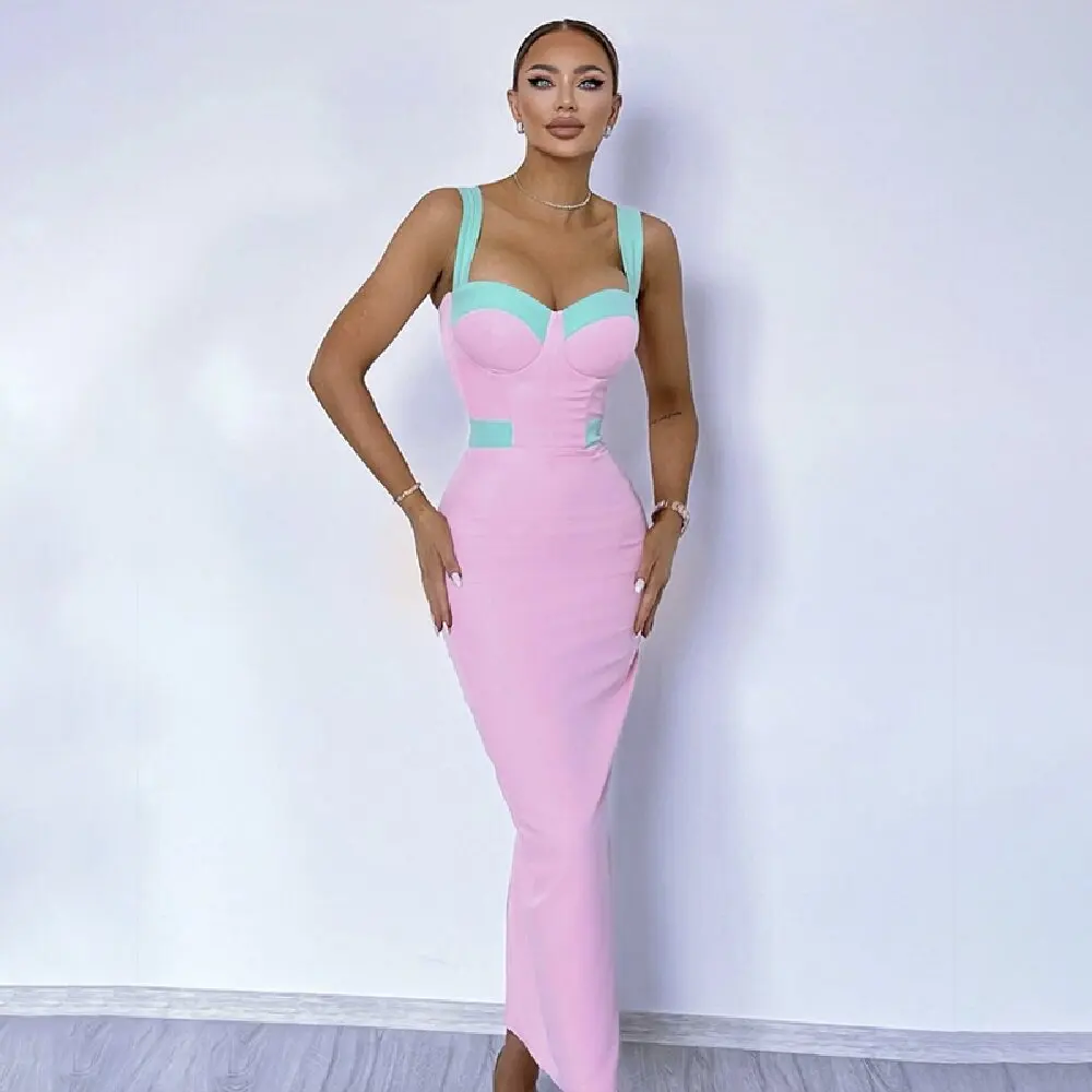 Popular Dopamine Outfits For Women Fashion Pink And Green Mixed Bandage Dress Chic Office Casual Wear Evening Party Clothing