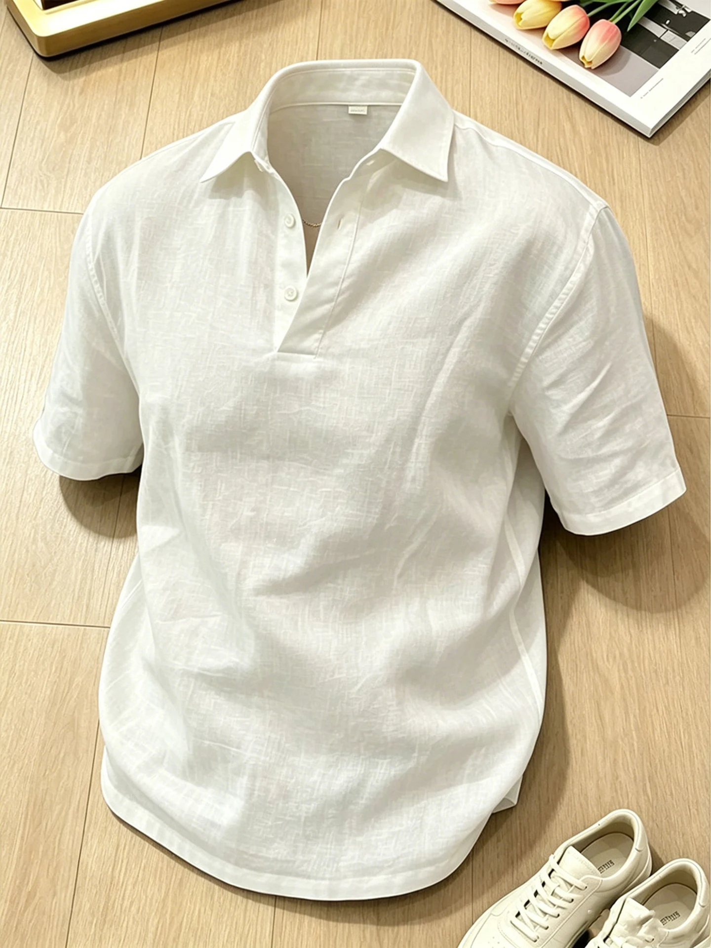 Lightweight Breathable Blue  Shirt Men's Short Sleeve Cotton Linen Ice Silk T-Shirt Casual Style Summer Fashion T-Shirt