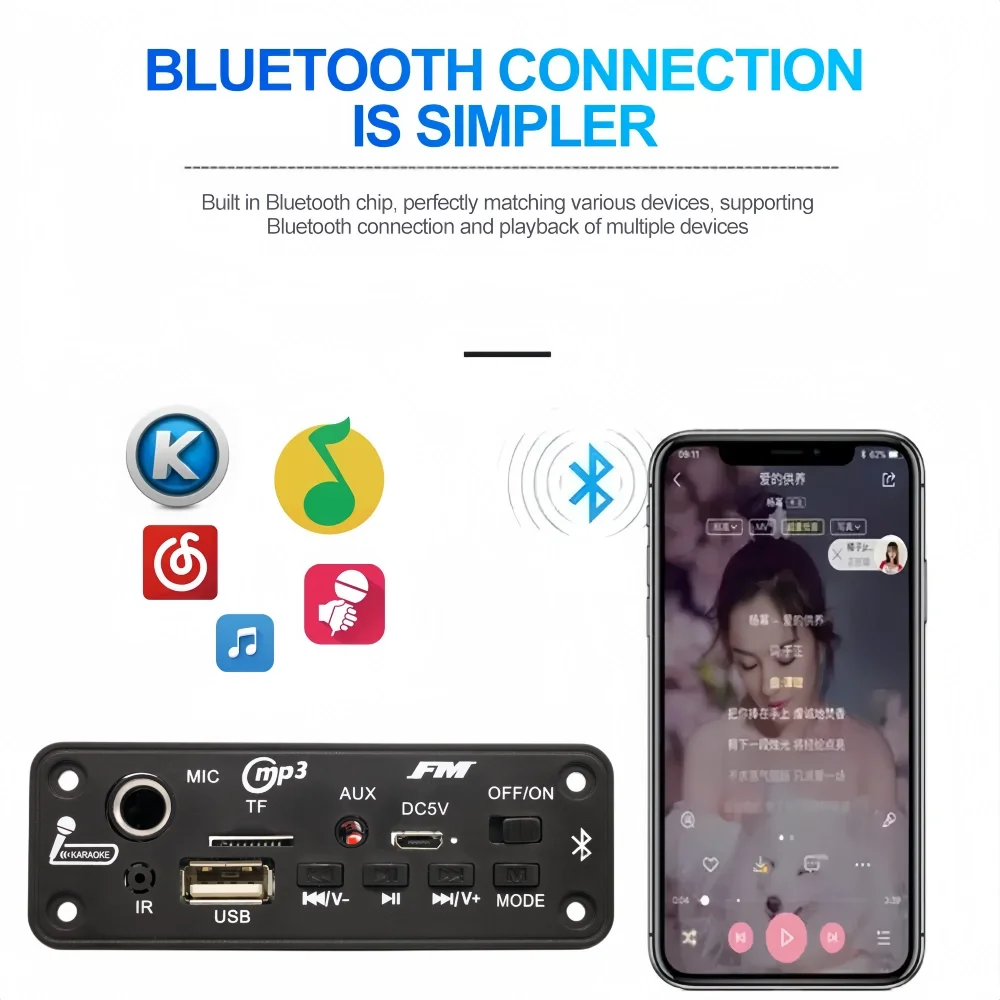 DC 5V Bluetooth 5.0 MP3 Decoder Board 10W Amplifier MP3 Player Support Call Recording 3.5mm USB TF FM for Module Car Speaker