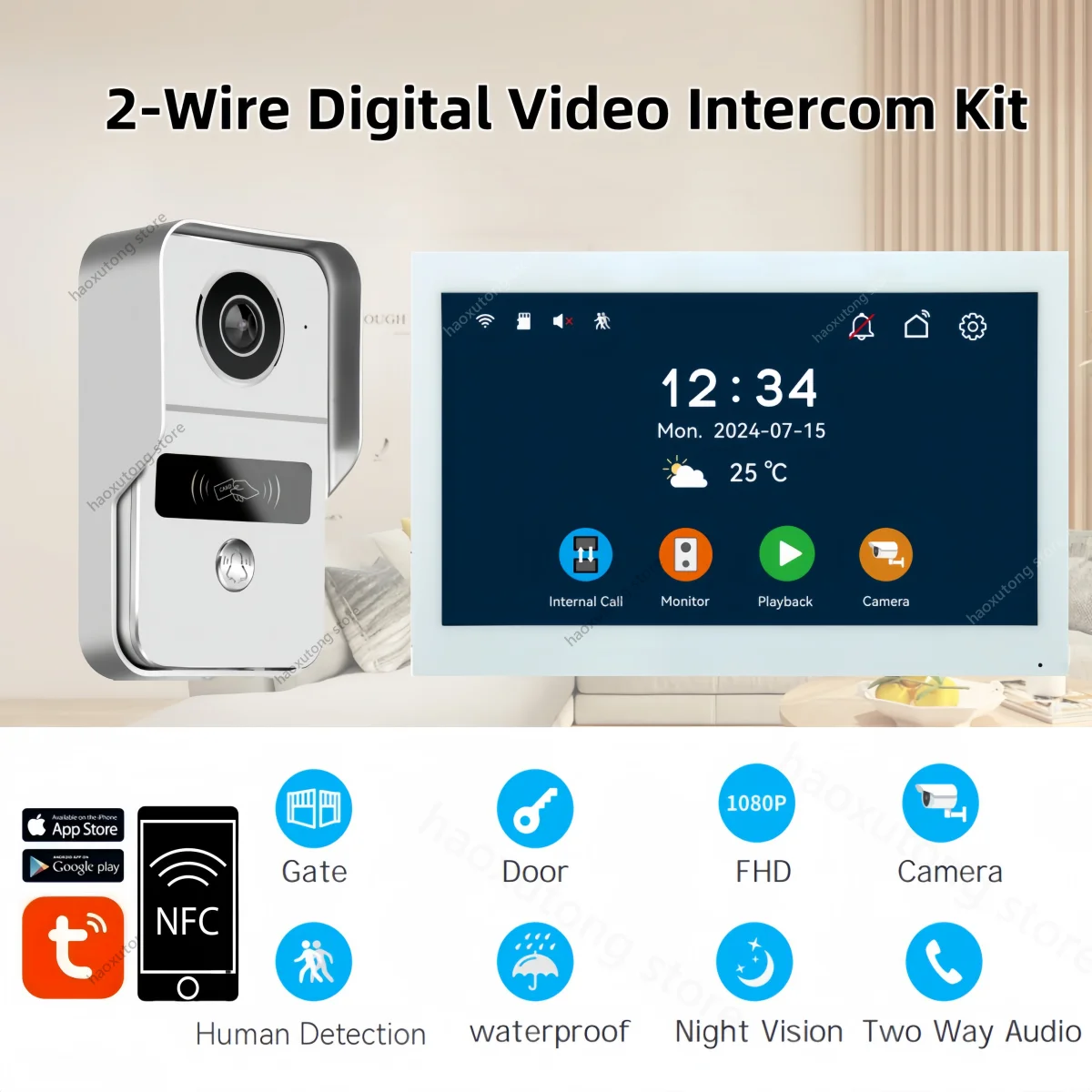 1080P Tuya Smart Home Video Intercom 2 Wires 7 Inch Apartment Video Doorphone Wireless WIFI Doorbell Camera 5-in-1 Unlock System