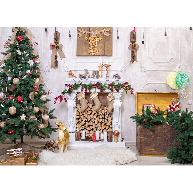 Christmas Day Presents Flower Wreath Photography Backrops Window Gift Pine Tree Fireplace New Year Theme Photo Background DRG-10