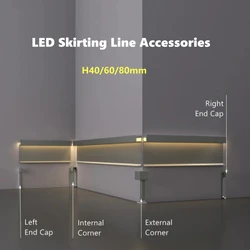 H40/60/80mm Skirting Line Accessories LED Aluminium Profile Connector Baseboard Strip Light Internal External Corner End Cap