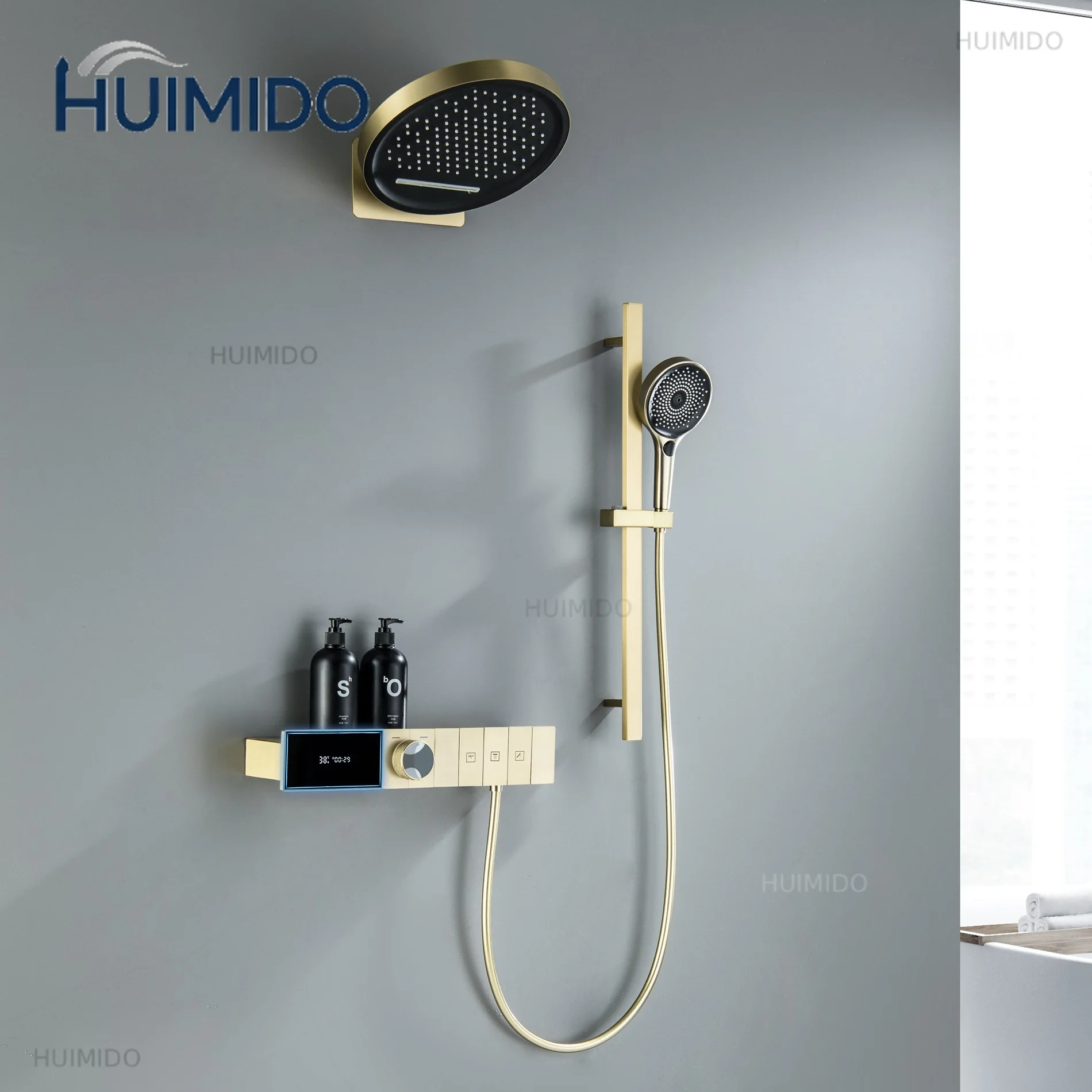 Brushed gold wall-mounted shower set, concealed digital display constant temperature shower set, triple type shower set GN865EX