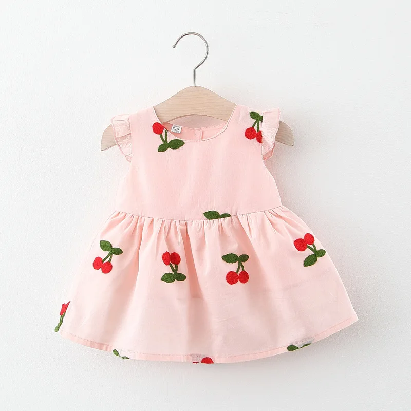 Summer Baby Girl Dress Girl\'s Cherry Embroidered Round Neck Small Flying Sleeves Princess Dress Children\'s Dress